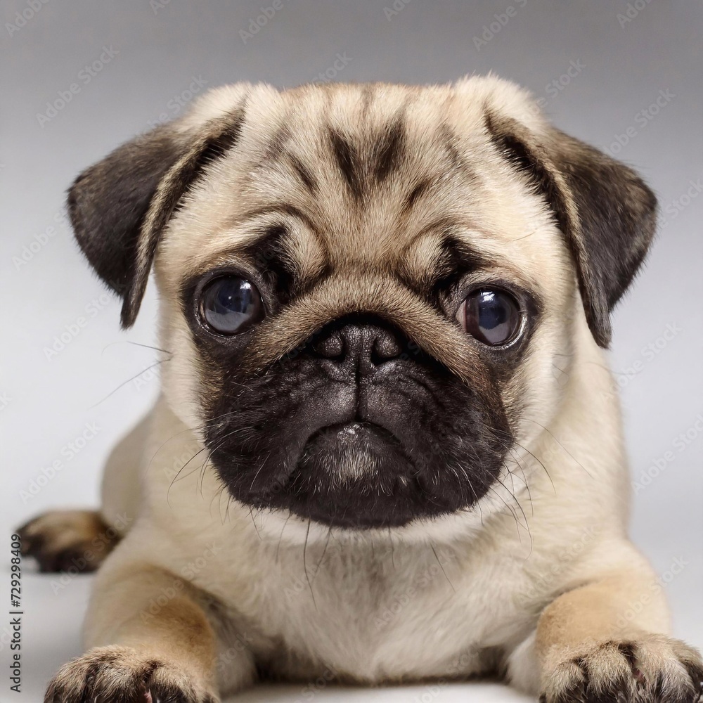 a pug is lying down posing for a photo