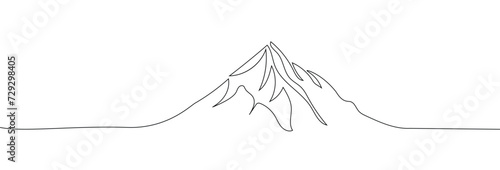 One continuous line drawing of mountain range landscape. Abstract web banner with hills and snow peaks in simple linear style. Winter ski sport concept editable stroke. Doodle vector illustration