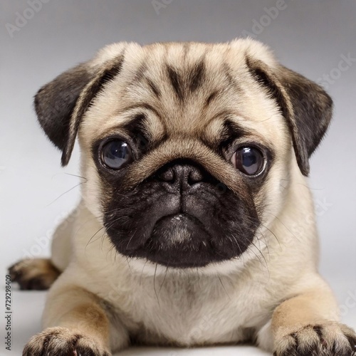 a pug is lying down posing for a photo