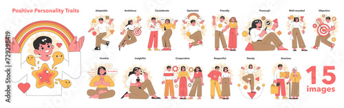 A vibrant collection of vector illustrations showcases a diverse group of people embodying positive personality traits such as adaptability, ambition, and kindness.
