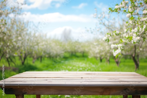 table against a background of a blooming orchard