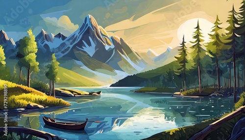 mountain landscape illustration of a lake with a boat