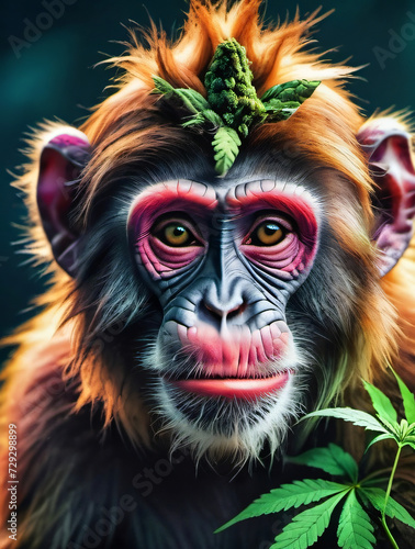 Photo Of Abstract Colorful Monkey Background With Funny Face And Cannabis