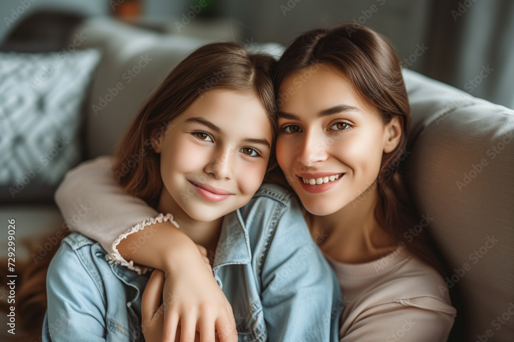 Affectionate mother and daughter smiling together on a couch, sharing a moment of joy and familial love. Affectionate mother and daughter smiling together on a couch, sharing a moment of joy and familial love.