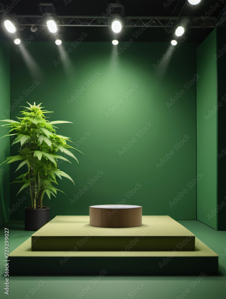 Photo Of Empty Room Interior With Podium Or Stage With Cannabis Leaf Decoration, Product Presentation With Empty Place, Green Background Photo Of Empty Room Interior With Podium Or Stage With Cannabis Leaf Decoration, Product Presentation With Empty Place, Green Background