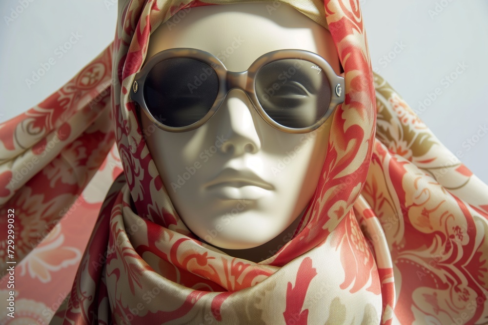 silk scarf wrapped around a mannequins head, sunglasses on top