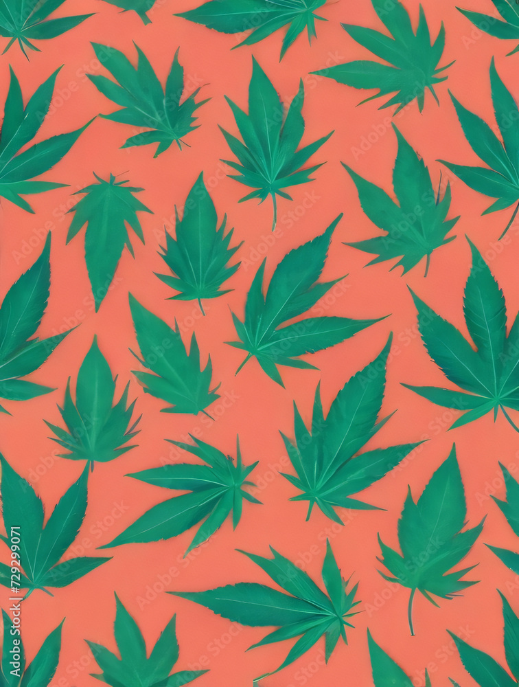 Photo Of Watercolor Pattern Of Hemp Leaves On A Coral Background, Fine Print, Fabric