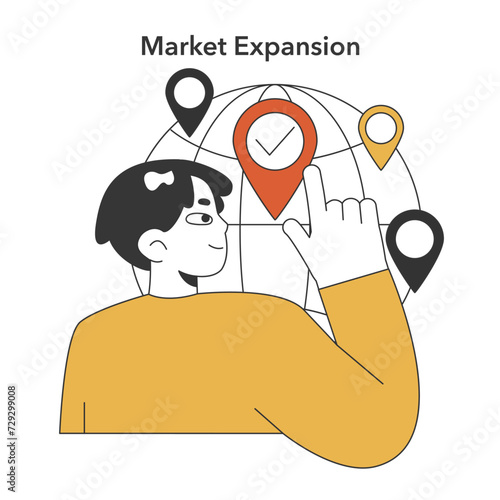 Global market reach concept. A business strategist pinpointing new locations on a globe for company expansion and exploring international opportunities. Worldwide growth. Flat vector illustration