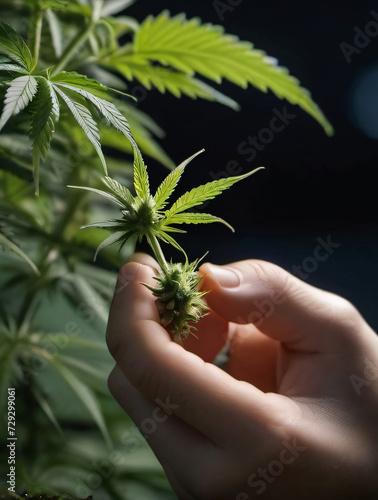 Photo Of A Scientists Hand Closeup Inspects The Pleasant Buds On A Cannabis Plant, Cannabis Plantation