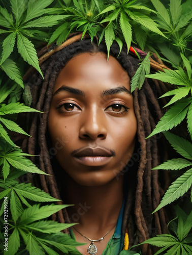 Photo Of Female Face, Rastaman, Surrounded With Marijuana Leaves, Cannabis Leaves, Illustration Of Rasta Coulture photo