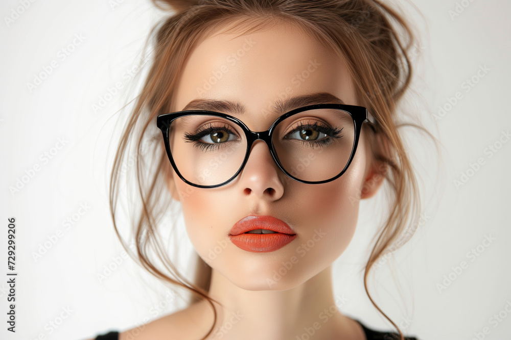 Fototapeta premium Close-up of a young woman with round black glasses, flawless skin, peach lipstick, and subtle eye makeup, exuding elegance and intelligence.