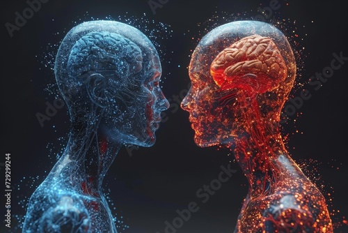 A three-dimensional image of two men in blue and red opposite each other. 3d illustration