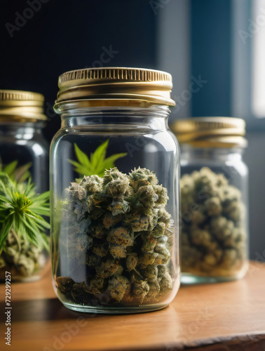 Photo Of Jars Of Marijuana, Medical Use, Flower Of Medical Cannabis In A Sealed Jar, Later Sale Or Transfer To A Patient