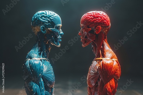 A three-dimensional image of two men in blue and red opposite each other. 3d illustration