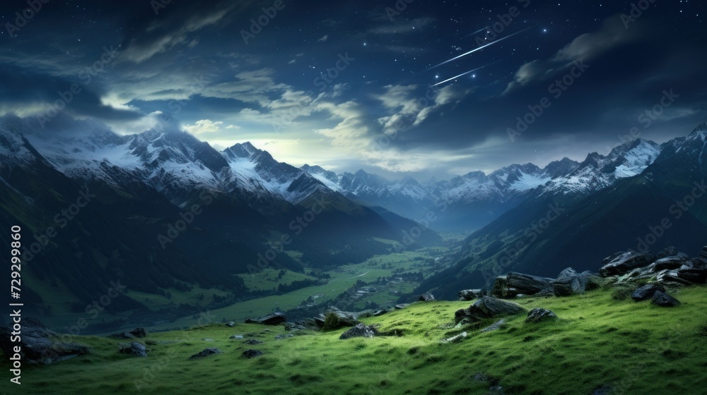 Starry night over snowy mountains and green valley