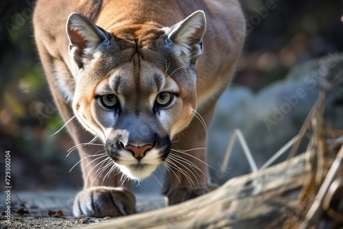 mountain lion crouched, peering down into the lens © Alfazet Chronicles