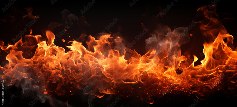 Fire flames on black background. Fire fiery background, red flames, sparks and waving white smoke on black background. Flaming effect with burning fire.