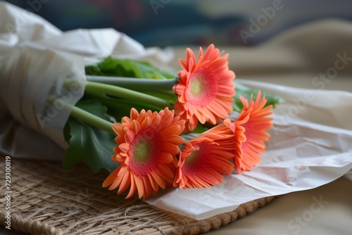 bright gerbera flowers wrapped in paper sitting on a rustic mat