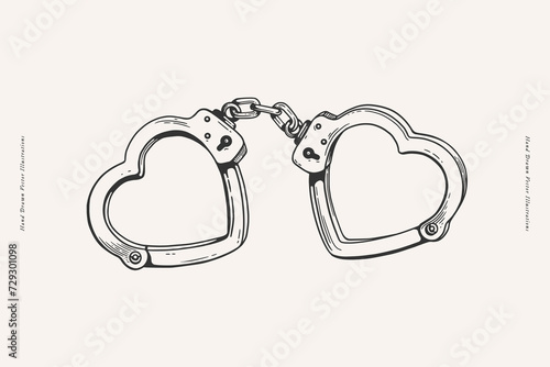 Handcuffs in the shape of a heart on a light background. Romantic symbol of strong love. Valentine's Day. Vector illustration in linear style.