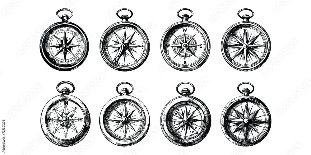Retro Engraved Compass Design: Hand-Drawn Halftone Dotted Ink Sketches Vector Collection