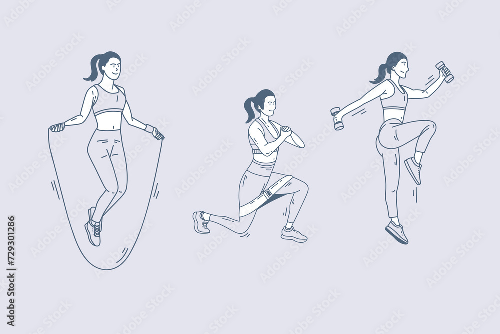 Set of outline illustrations of woman physical fitness