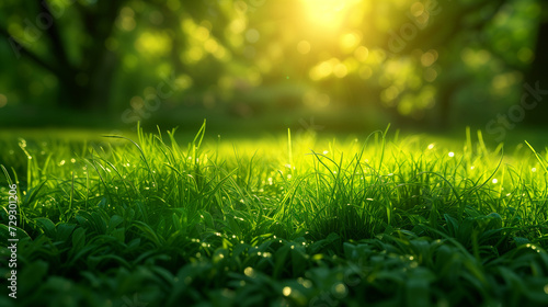 Beautiful close uo of grass field on spring season, freshness, yellow green color on blurred naural background.