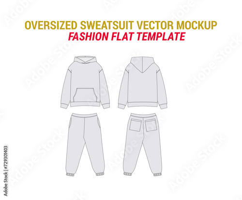 Oversized Sweatsuit Vector Mockup Vector Sketch of Hoodie Sweatpants Joggers with Pockets Tracksuit Mockup with Pajamas Joggers Technical Drawing