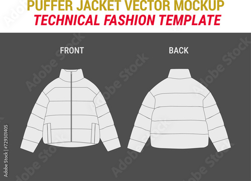 Oversized Winter Quilting Coat Puffer Winter Down Coat Vector Technical Sketch Cropped Puff Coat Mockup Template Flat Puffer Illustration