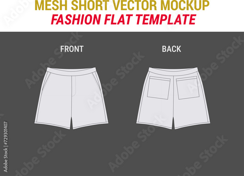 Mesh Shorts Flat Technical Drawing Illustration Blank Shorts Streetwear Mock-up Template Unisex Athletic Basketball Shorts Active Wear Short Mesh Short Fashion Flat Sketch Vector Illustration CAD Mock
