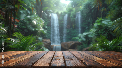 empty brown wooden table on evergreen rain forest background with large waterfalls behind. Natural water product present placement pedestal counter display  spring summer jungle paradise concept.