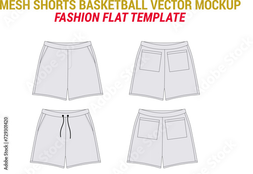 Shorts Basketball Flat Technical Drawing Illustration Blank Shorts Streetwear Mock-up Template Unisex Athletic Basketball Shorts Active Wear Short Mesh Short Fashion Flat Sketch Vector Illustration