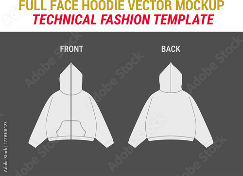Streetwear Full Zip Hoodie Fashion Vector Mock-up Template Full Face Hoodie Unisex Sweatshirt Women Men Hoodie Vector Illustration Full-Zip Hooded Sweatshirt Full Zip Up Sweatshirt Flat Technical Draw