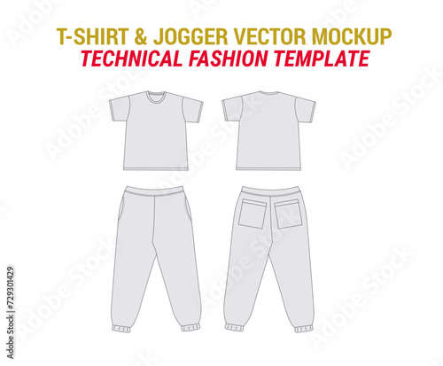 T-Shirt Flared Joggers Vector Mockup Joggers Fashion Flat Illustration Tee Shirt with Flared Jogger Flat Sketch Vector Template