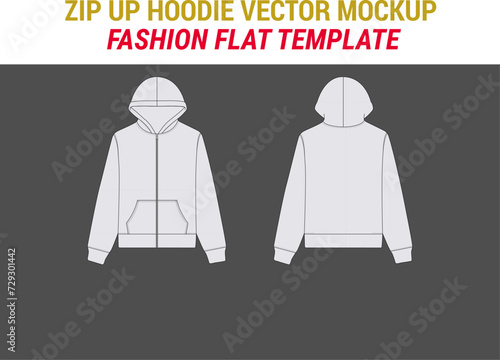 Streetwear Zip Up Hoodie Fashion Vector Mock-up Template Zip Hoodie Flat Illustration Unisex Sweatshirt Women Men Hoodie Vector Illustration Zip Up Hooded Sweatshirt Zip Sweatshirt Technical Flat