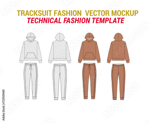 Tracksuit Technical Drawing Illustration Tracksuit Fashion Flat Vector Mockup Template Hoodie Joggers Fashion Illustration Sweatshirts with Sweatpants Combo Vector Mockup Template