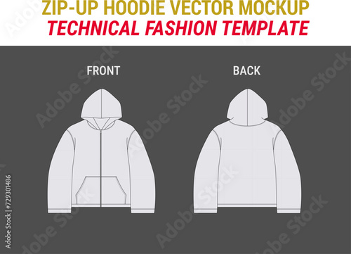 Zip Up Hooded Sweatshirt Zip Sweatshirt Flat Technical Drawing Illustration Streetwear Baggy Hoodie Fashion Vector Mock-up Template Zip Up Hoodie Flat Illustration Unisex Sweatshirt Women Men Hoodie 