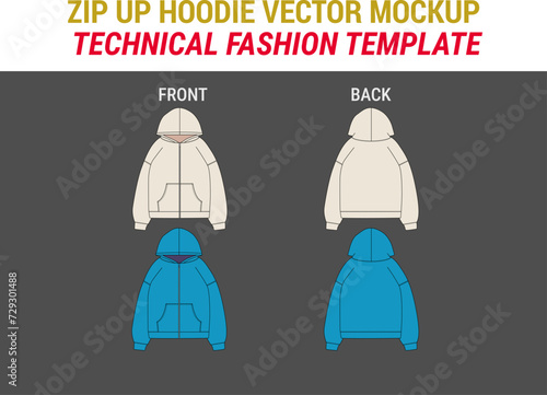 Zip Up Hooded Sweatshirt Zip Sweatshirt Flat Technical Drawing Illustration Streetwear Zip Up Hoodie Fashion Vector Mock-up Template Zip Hoodie Flat Illustration Unisex Sweatshirt Women Men Hoodie 