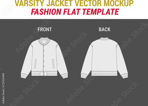 Varsity Jacket Fashion Flat Template Bomber Jacket Flat Vector Illustration Varsity Jacket Mockup Letterman Jacket Flat CAD Mockup