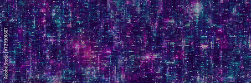 Abstract halftone dotted digital technology background with futuristic night city and neon light effect. Cyberpunk and retrowave design for technology, hi-tech and science concept. Vector illustration
