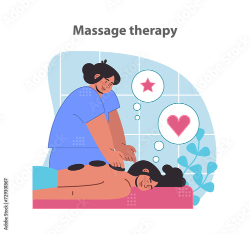 Revitalizing massage therapy session. Holistic wellness and relaxation. Skilled masseuse providing comfort and care. Flat vector illustration.
