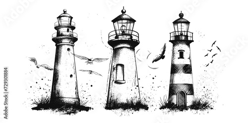 Vintage Lighthouse Engraving Vector Set: Hand-Drawn Sketches in Retro Halftone Dotted Ink Style