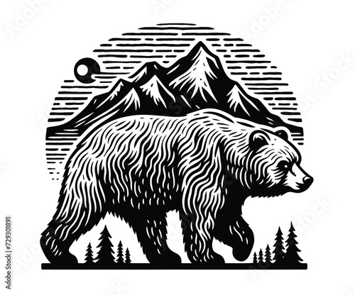 Beautiful outdoor bear. Forest and mountain in the back.  handdrawn vintage style  vector illustration	