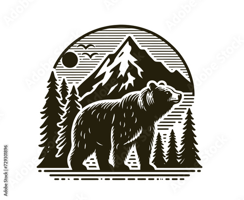 Beautiful outdoor bear. Forest and mountain in the back.  handdrawn vintage style  vector illustration	