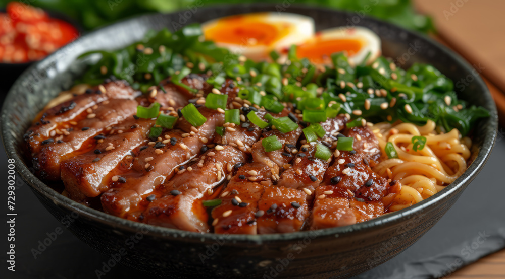 Bowl of ramen with sliced pork belly egg green onions and sesame seeds. Bowl of noodle for eating with a bowl of meat Bowl of ramen with sliced pork belly egg green onions and sesame seeds. Bowl of noodle for eating with a bowl of meat
