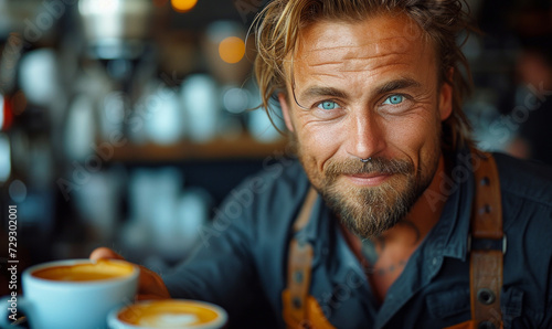 Handsome man with blue eyes is sitting in coffee shop and drinking coffee. Barista putting milk into a coffee