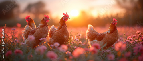 Foto Hens roam freely in field at sunset