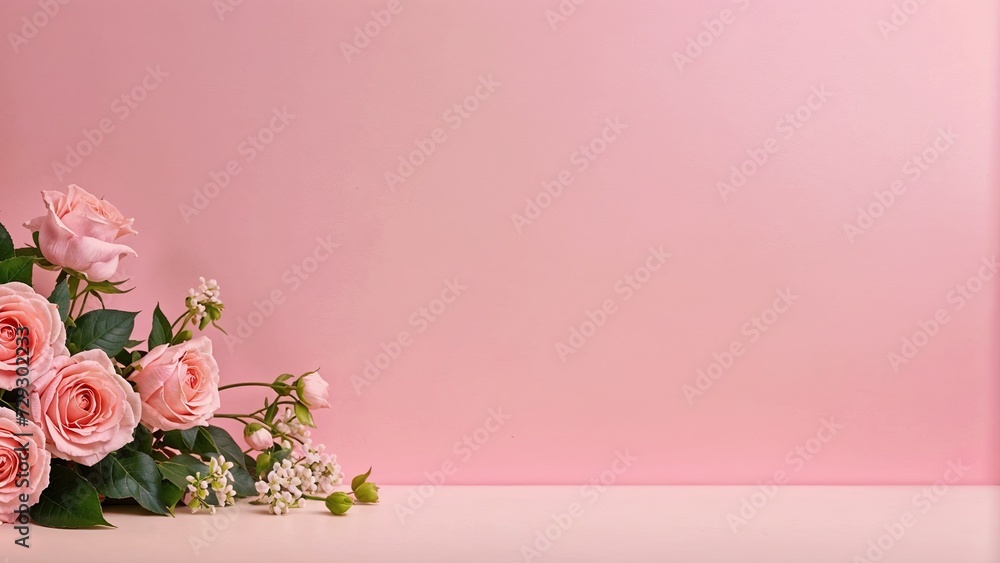 A pink wall with a bunch of pink roses placed on the lower left corner. A pink wall with a bunch of pink roses placed on the lower left corner.
