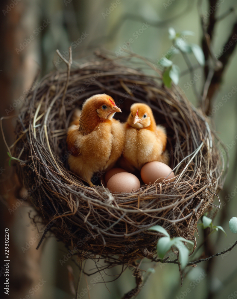 Two little chickens and eggs in nest. Some chickens on straw in a nest full of eggs Two little chickens and eggs in nest. Some chickens on straw in a nest full of eggs