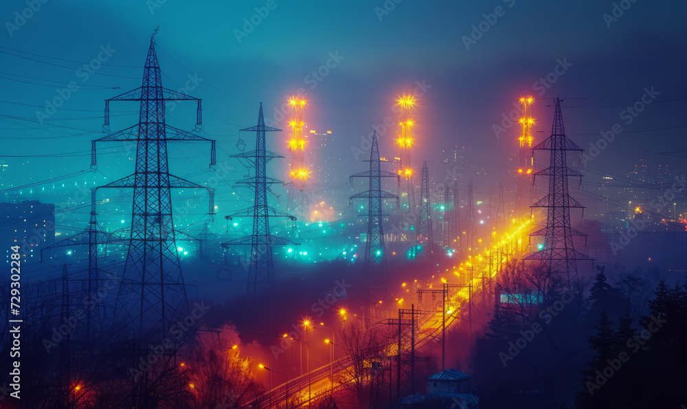 High voltage power lines and pylons in the fog at night. Electric power