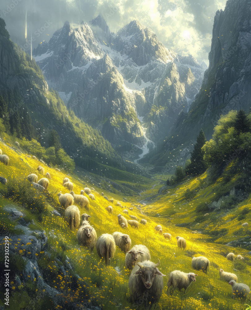 Flock of sheep grazing on green alpine meadow - obrazy, fototapety, plakaty 